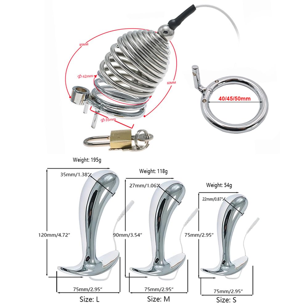 Elektro Shock Keuschheitskäfig Penisplug Metall Analplug Set BDSM Elektrische Stimulation Anal Dilatator Butt Plug Peniskäfig Bondage E-stim Extrem Sex Spielzeug für Männer (Ring:50mm/Plug:L)