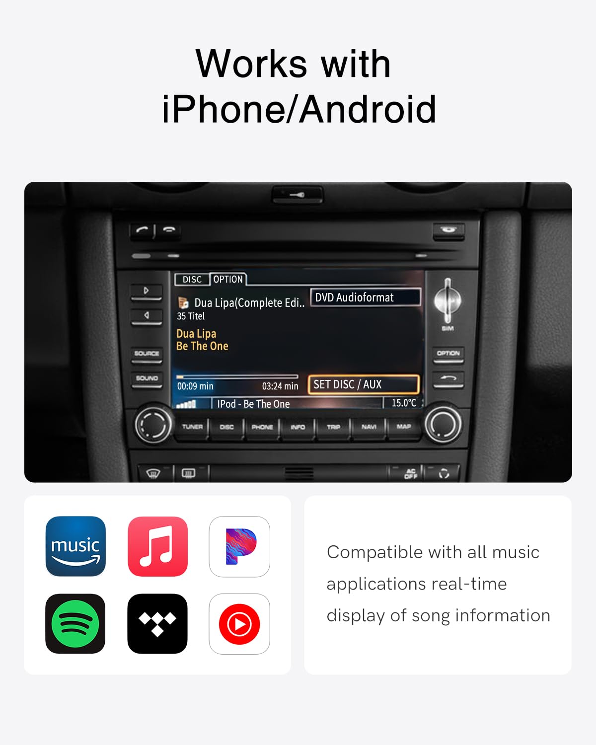 Adaptador Bluetooth para Coche con Cable iPod+USB Y Compatible con el Sistema Porsche PCM3.0. Adaptador Bluetooth para música en el Coche con transmisión de Audio de Alta definición