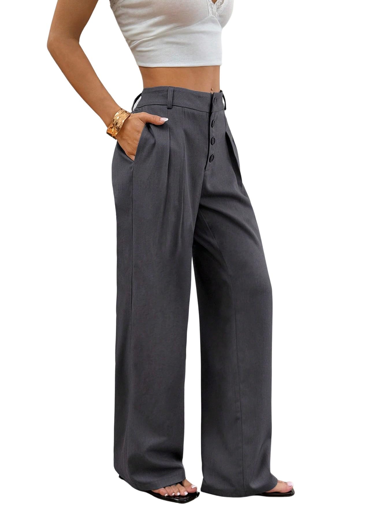 GORGLITTER Pantaloni lunghi da donna, eleganti e larghi, con tasche, a goccia, per il tempo libero