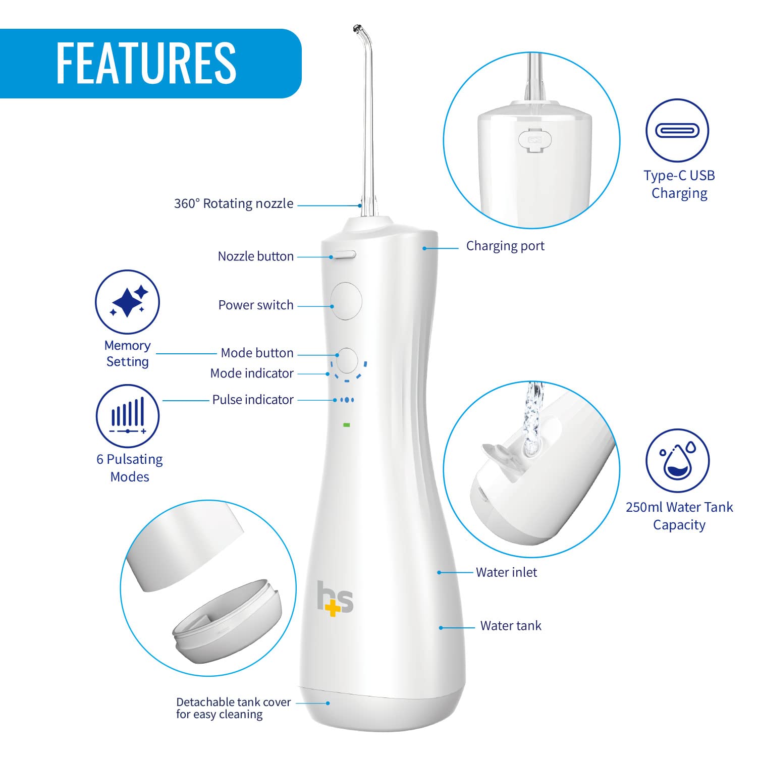 HealthSmart Idropulsore compatto senza fili, ricaricabile USB di tipo C, rimuove le particelle di cibo, 4 ugelli di pulizia, 6 modalità pulsanti (confezione da 30)