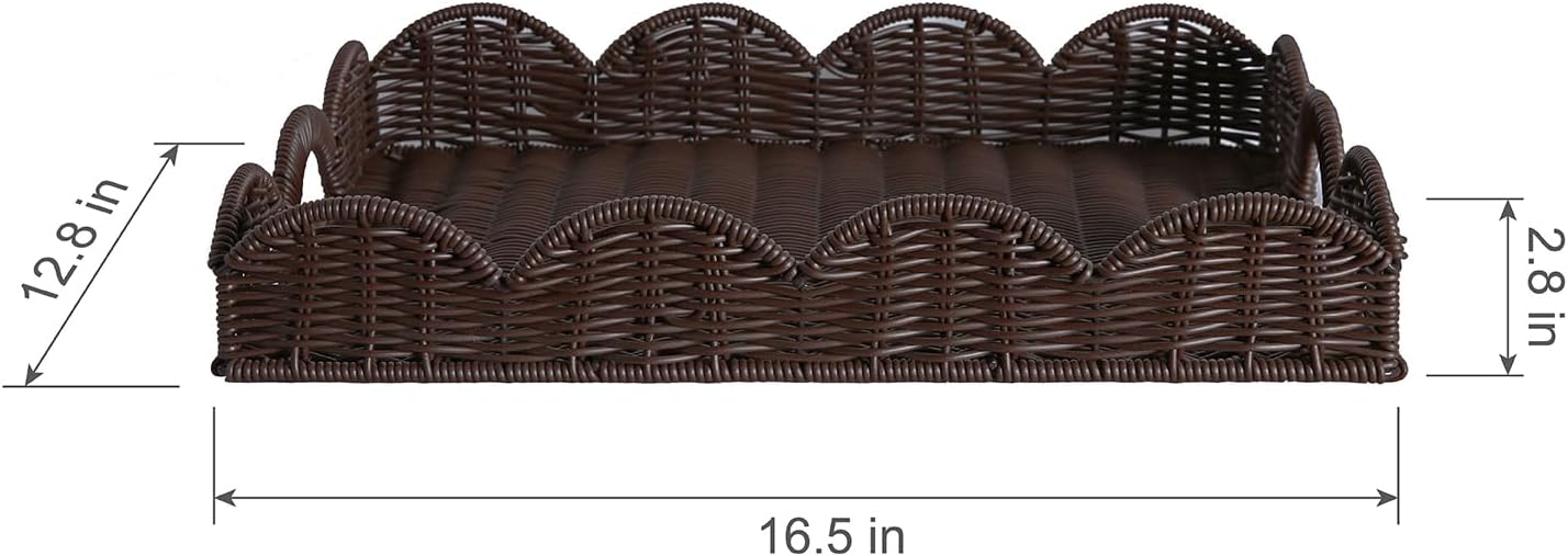 Scalloped Imitation Rattan Tray Basket,17"*13" Super Hard Rectangle Hand Woven Wicker Serving Trays with Handles, Seagrass Decoratve Trays for Coffee Table (Brown&Plastic-Dark)