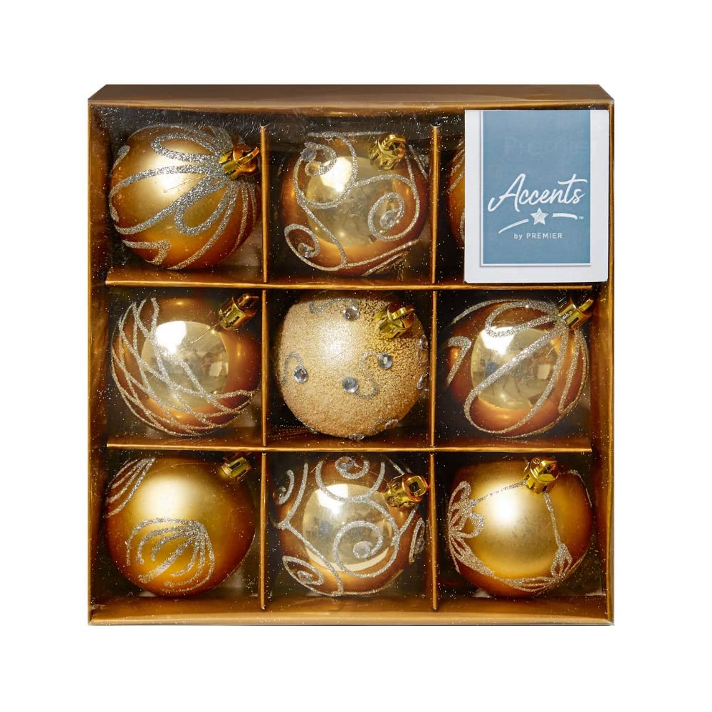 Christmas-Direct 60Mm Champagne Christmas Baubles | 9 Assorted | Shatterproof Tree Decorations Gold