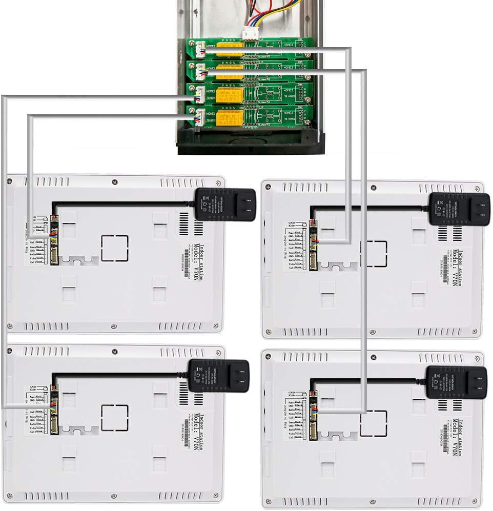 Wiring diagram for connecting multiple OBO HANDS indoor monitors to the outdoor camera unit