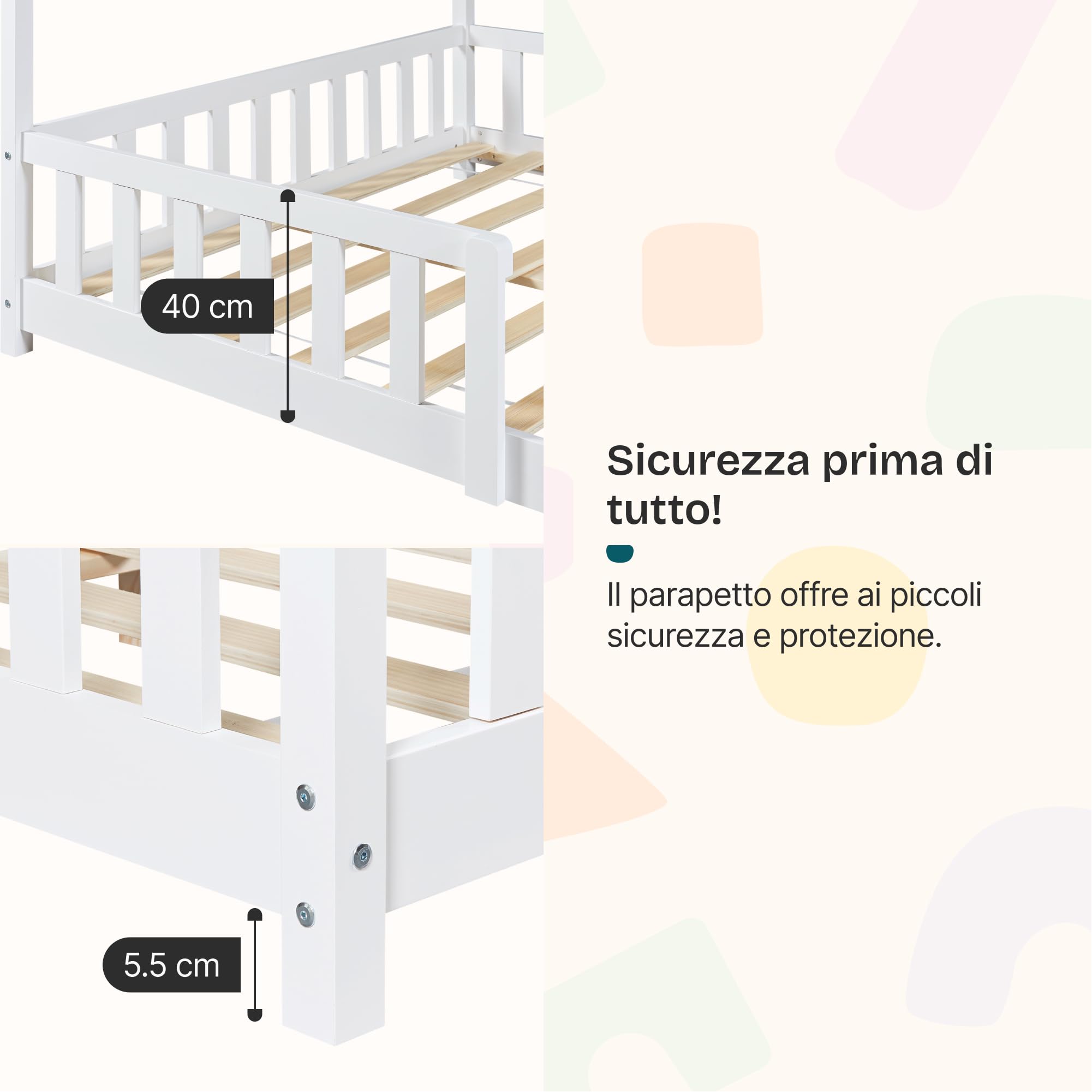 [en.casa] Letto per Cameretta Lettino a Forma di Casetta con Sbarre Letto Piazza e Mezza per Bambini Struttura in Legno di Pino 120 x 200 cm Bianco