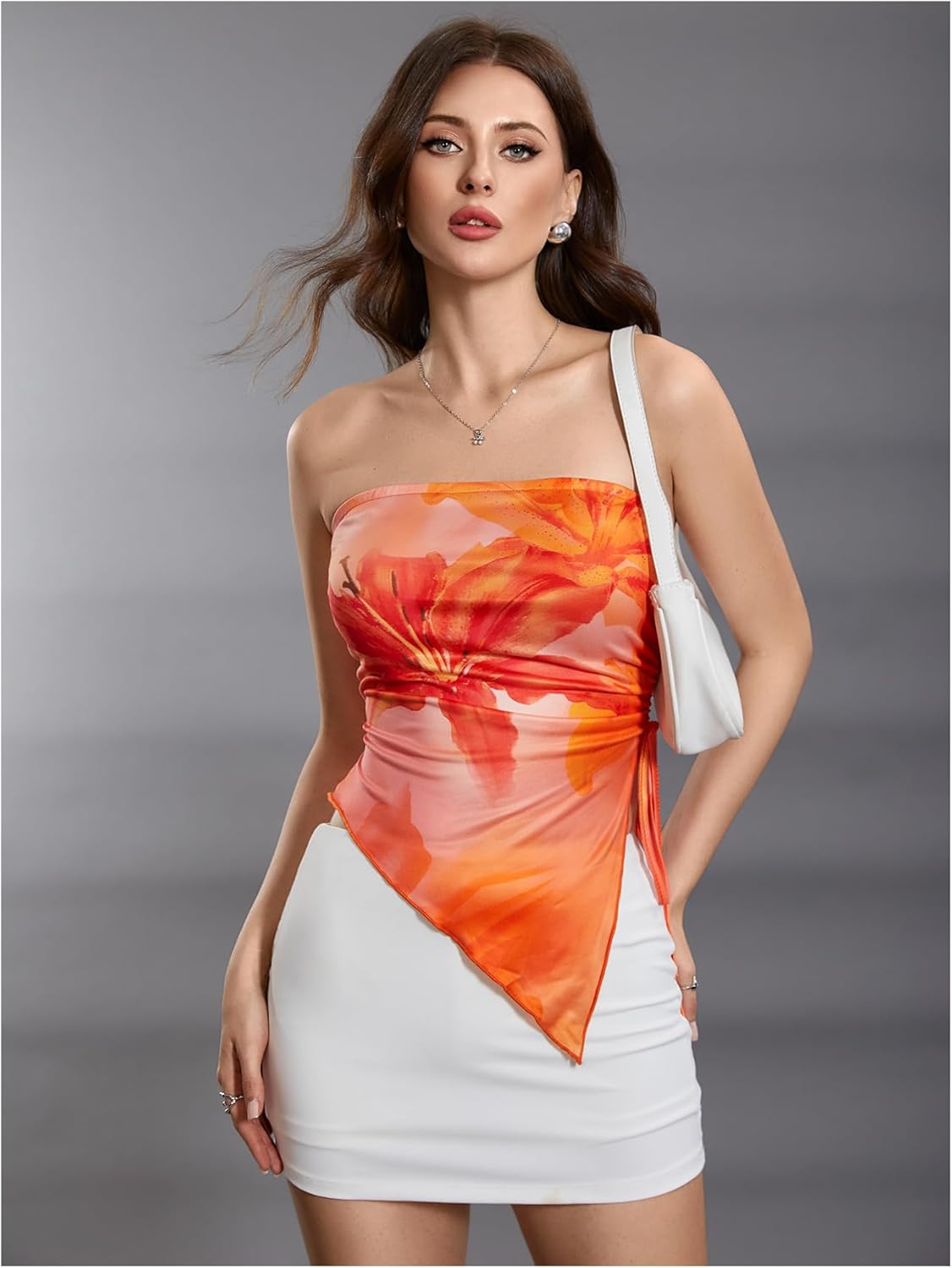 WDIRARA Women's Floral Mesh Strapless Side Ruched Tube Top Asymmetrical Hem Bandeau Crop Tops - Image 4