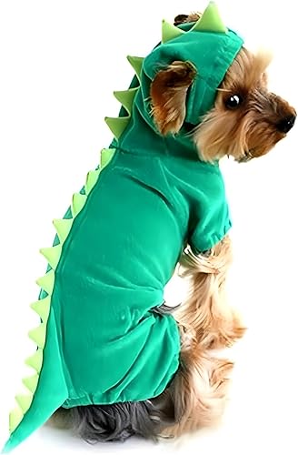 Miniatura 4 de Hotumn Disfraz de dinosaurio para perro, disfraz de Halloween con capucha de dinosaurio para perros pequeños (M, verde)