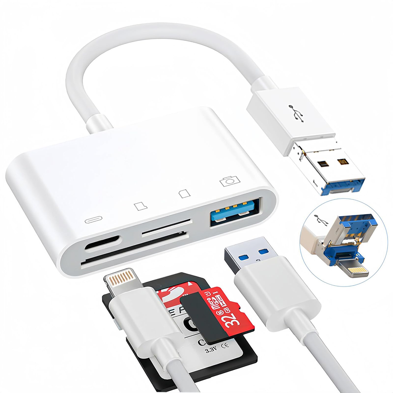 6-in-1 SD Card Reader for iPhone/iPad/Camera/Computer, Lighting + USB A Connector to SD/TF Card Reader Adapter with Charging Port, USB OTG Adapter & Memory Card Reader for SD/Micro SD Cards
