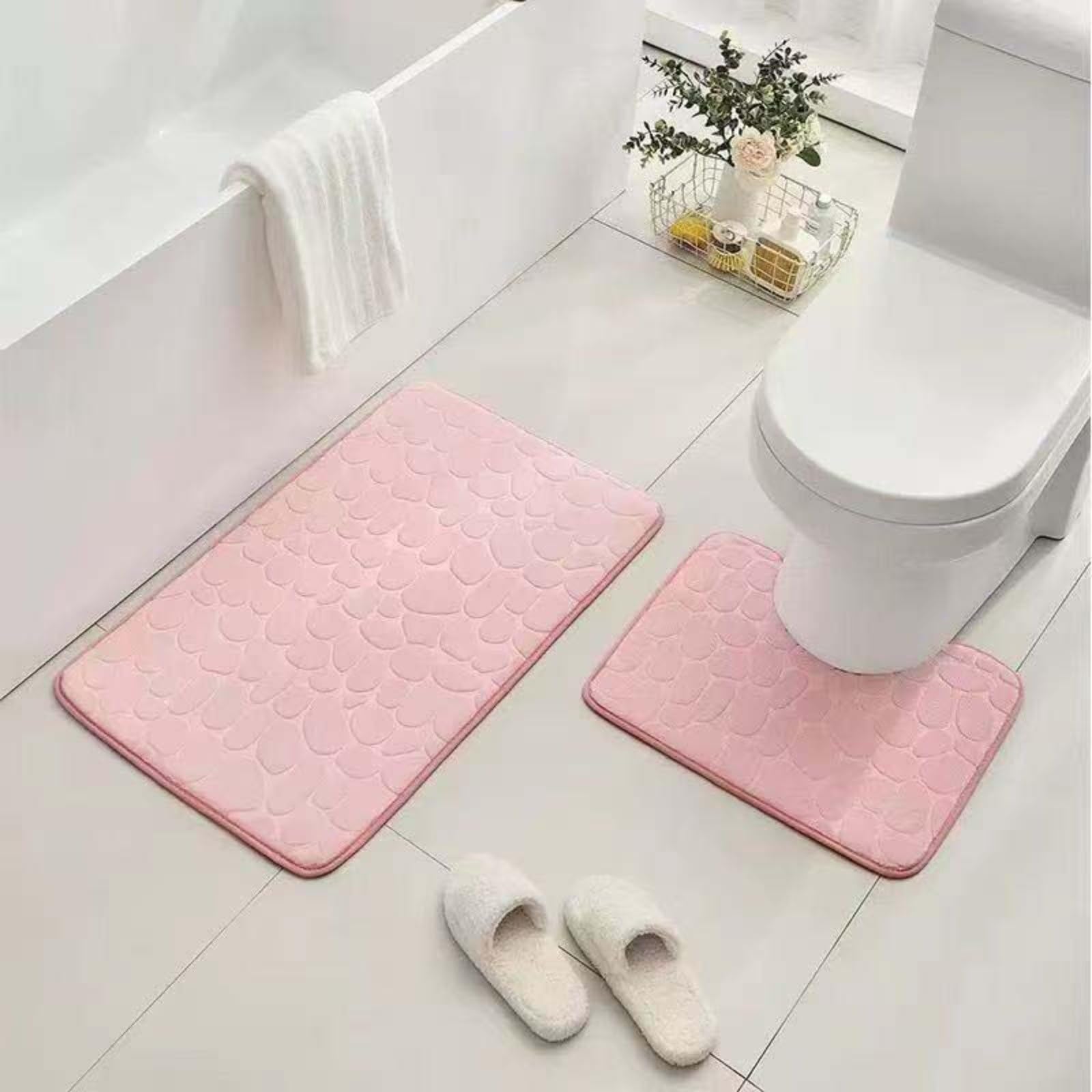 Home Set di 2 tappetini da bagno in memory foam, tappetini da bagno antiscivolo in rilievo con pietra goffrata, con WC a forma di U per contorno, lavabili in lavatrice (rosa)