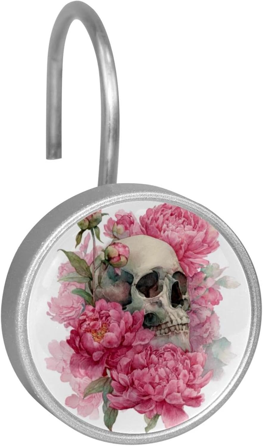 12 Pcs Stainless Steel Shower Curtain Hooks for Shower Curtain, Watercolor Skull and Peonies Flowers (5)