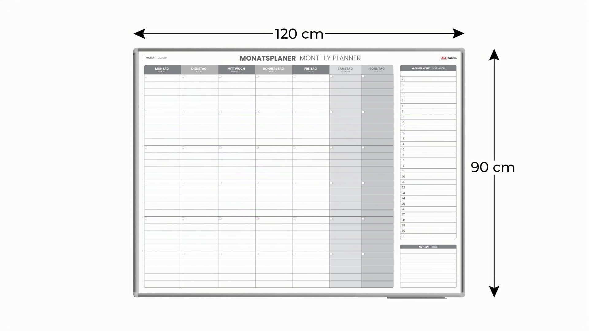 ALLboards Magnetischer Monatsplaner 120x90cm für Monatsplanungen, einfach zu beschreiben Monatsplaner Wandkalender Memoboard Magnettafel auf Deutsch