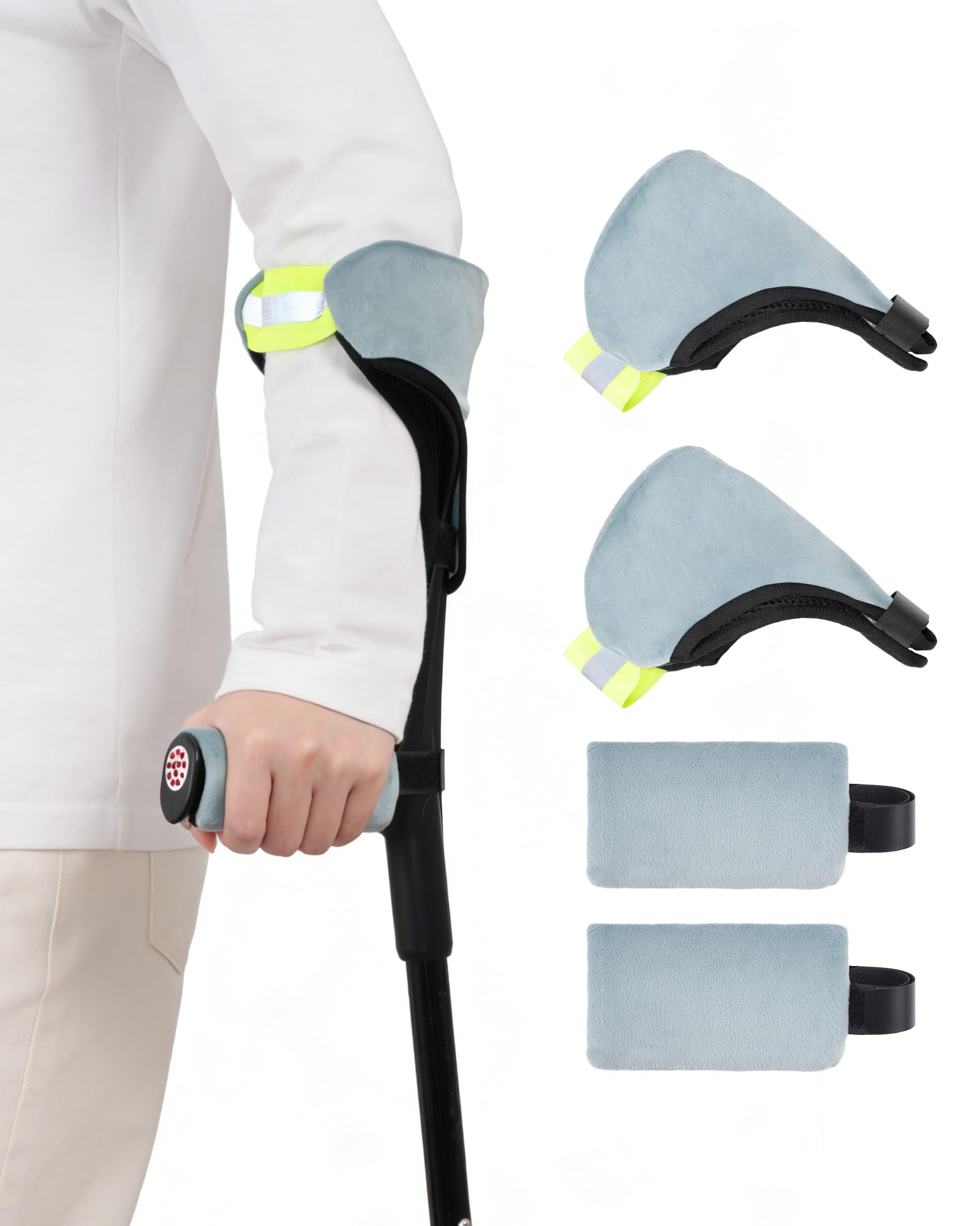 Forearm Crutch Pads and Hand Grip Covers Set (2 Piece) for Open Cuff Crutches - Reflective Strip, Comfort Cushioning, Non-Slip Grip, Breathable & Washable Mobility Aid Accessories (Blue Gray)