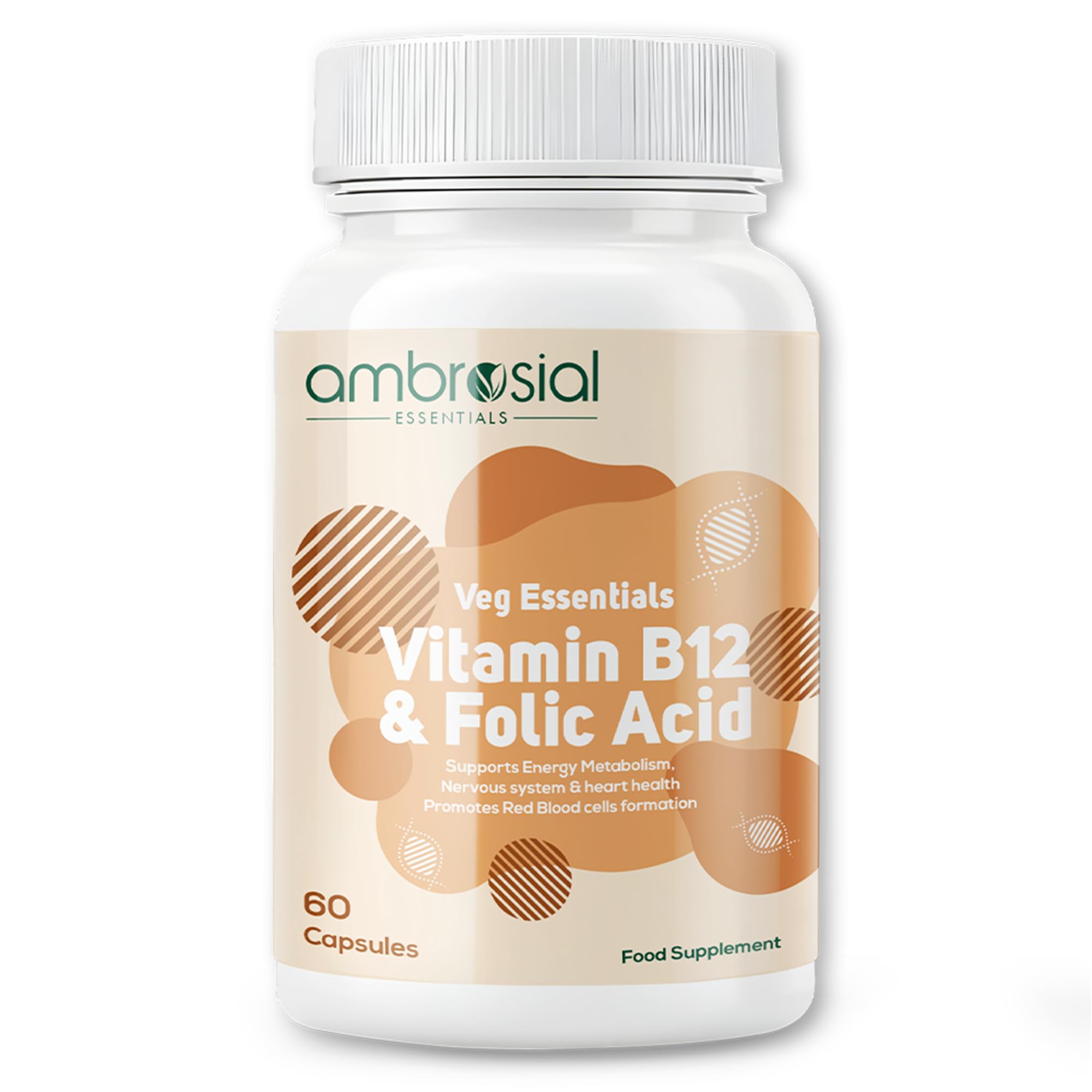 Ambrosial Vitamin B12 1000 mcg + 500 mcg Folic Acid | 1500 mcg | Folic Acid | Reduction of Tiredness & Fatigue | B12 Supplement | Immune System, Energy & Brain Support (Pack of 1-60 Capsules)