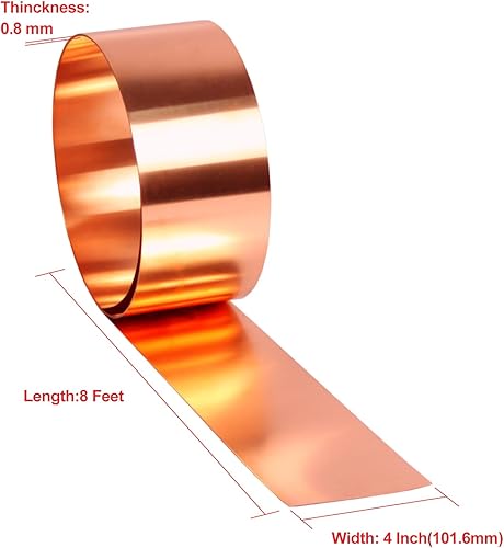 Miniatura 10 de Cobre intermitente 99.95% puro, calibre 24, 0.020 in de grosor, rollo de cobre de 10 pies de longitud en varios anchos, contratistas y proyectos de