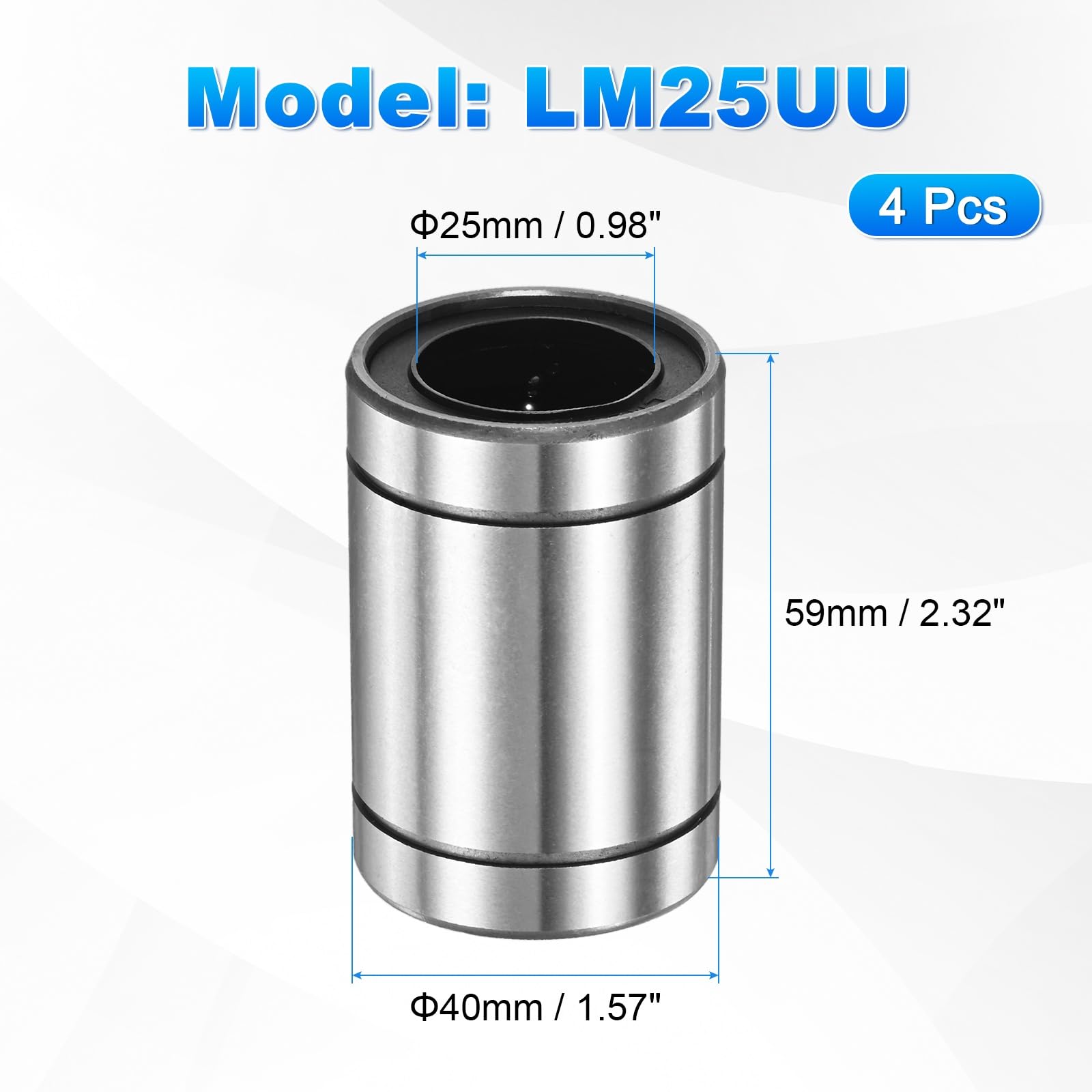 PATIKIL Cojinetes Lineales LM25UU ID 25mm OD 40mm Longitud 59mm 4 Pzas Casquillo Movimiento Lineal Sellado Doble Cara Con Goma Para CNC Grabado