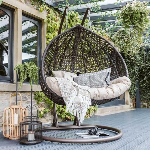 Image of Double Seater Hammock Swing Chair with Stand & Cushion | Heavy Duty Powder Coated Steel Frame | Outdoor Indoor Hanging Swing for Patio Balcony Garden Terrace Living Room (Brown-Light.BEDGE)