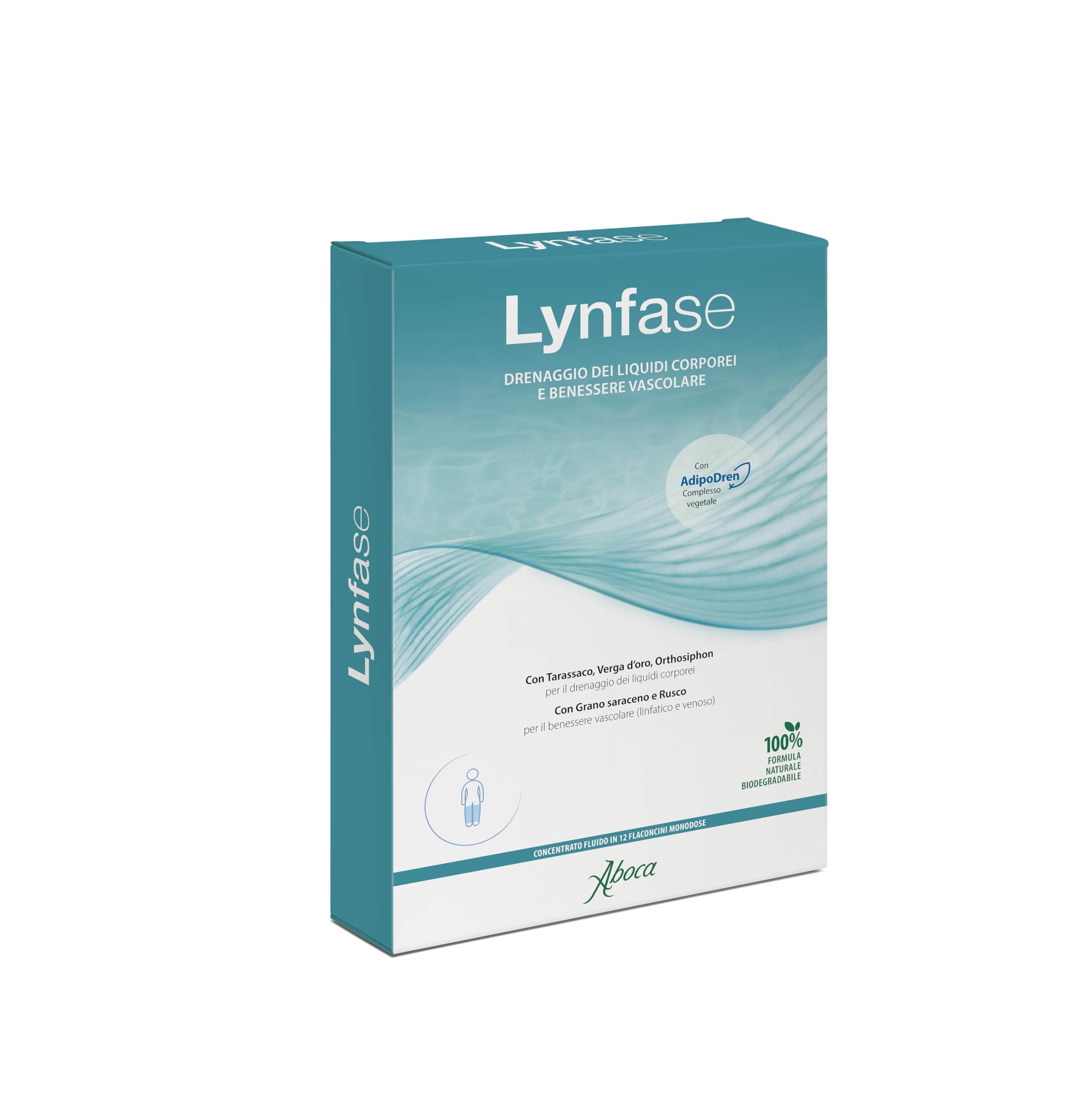 Aboca Lynfase Concentrat Fluide 12 Flacons Monodose - Drainage des Liquides Corporels et Bien-être Vasculaire - Avec Pissenlit, Verga d'or, Orthosiphon, Sarrasin et Ruscus
