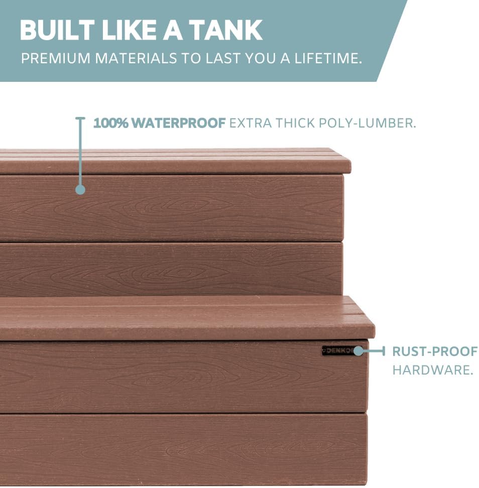 Color red DENKOE Hot Tub Steps - Wood Looking Plastic Steps - 100% Waterproof Spa Steps - Brown Non Slip, Heavy Duty Outdoor Steps, Multi Use as Porch Steps, Hot Tub Stairs, or Outdoor Stairs, Fits Any Spa Size