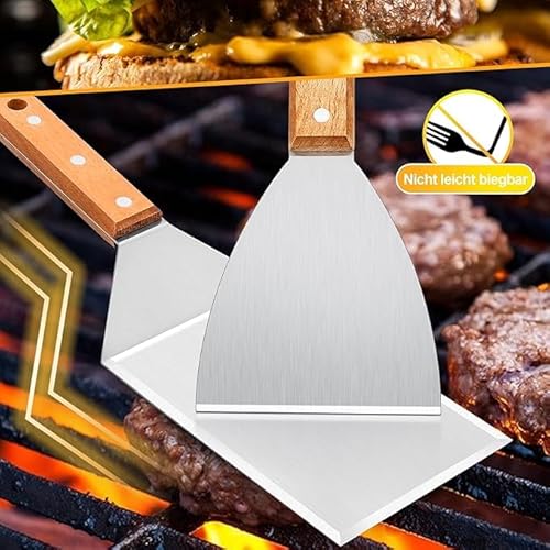 Mivanta Pfannenwender Edelstahl, 2-Stück Burger-Set, Grillspachtel Edelstahl mit Holzgriffen für Smash Burger, Teppanyaki, Barbecue, Steak und Pizza