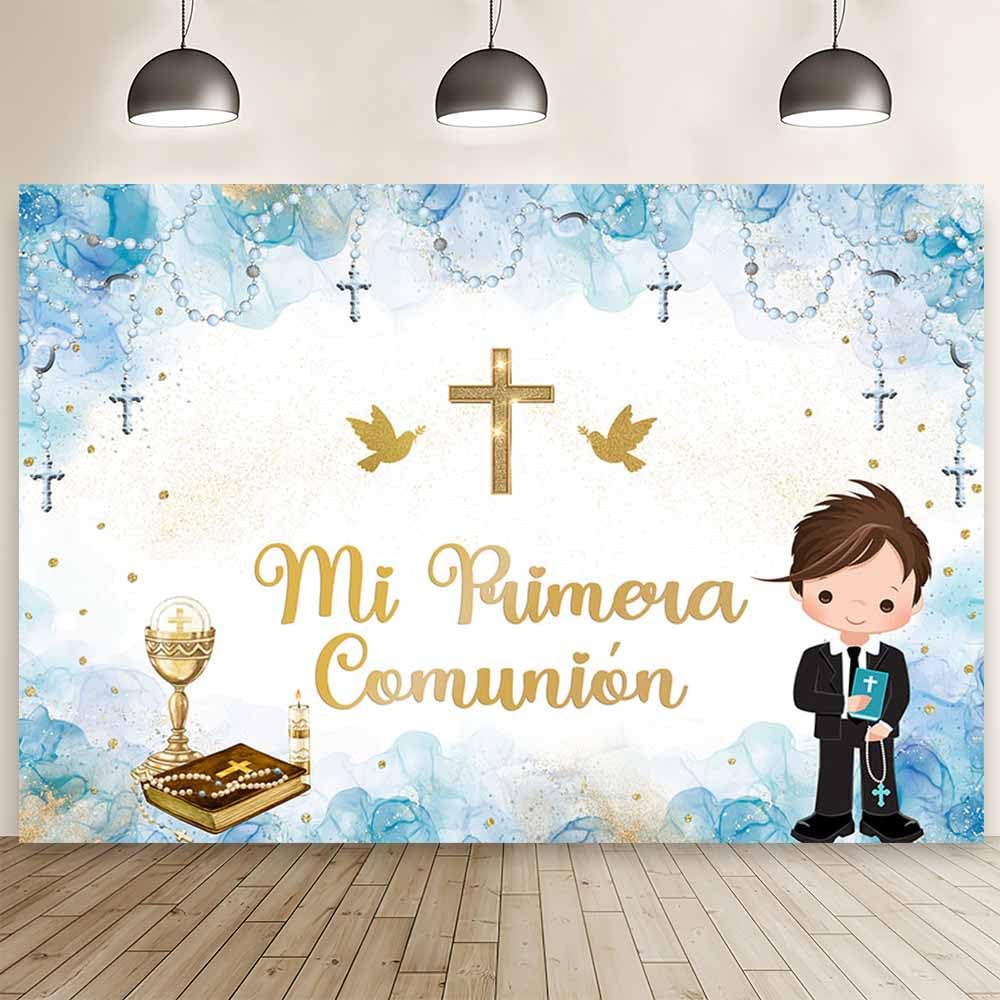 MEHOFOND 7x5ft Mi Primera Comunión Backdrop Pastel Blue Mi Bautizo Photography Background for Boy Chalice Baptism God Bless Christening Decor Doves