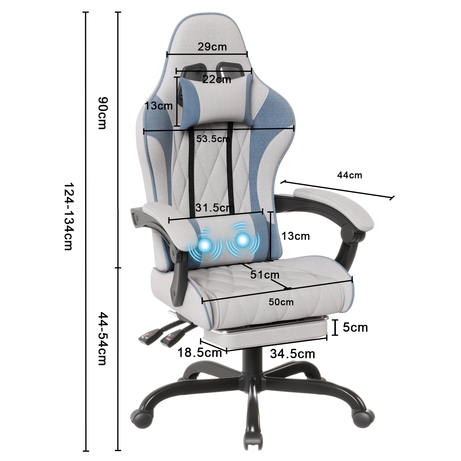 Flamaker Sedia da Gaming in Tessuto con Poggiapiedi, Massaggiante Sedia Ufficio con Schienale alto(con Presa USB), Cuscino Ispessito da 9 cm, Sedia da Gioco Ergonomica per Adulti, Grigio Chiaro