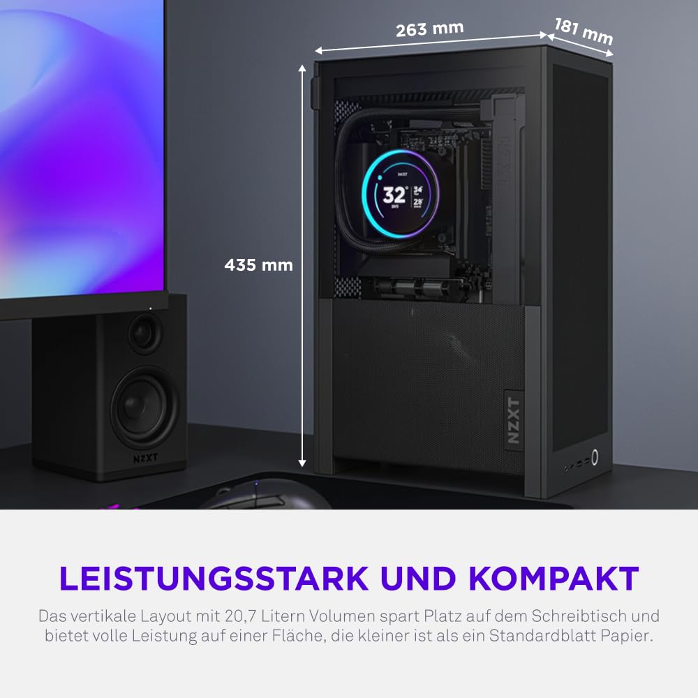 NZXT H2 Flow – Mini-ITX 20,7L High-Airflow PC-Gehäuse – Inkl. 2 x 120-mm-Lüfter Oben & PCIe 5.0-Riser Cable– 331-mm-Grafikkarte – 280-mm-Radiator – Schwarz