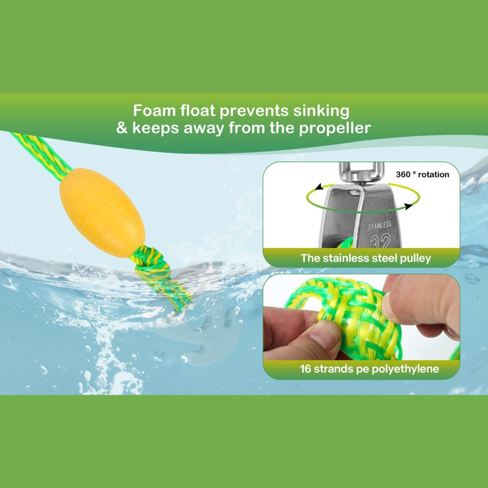 Seil, 2 Haken, 5,18 m, robust, multifunktional, für Boote zum Tubing | im Außenwasser: See, Fluss, Teich, Pool, , Surfen, Schwimmen, Schleppen