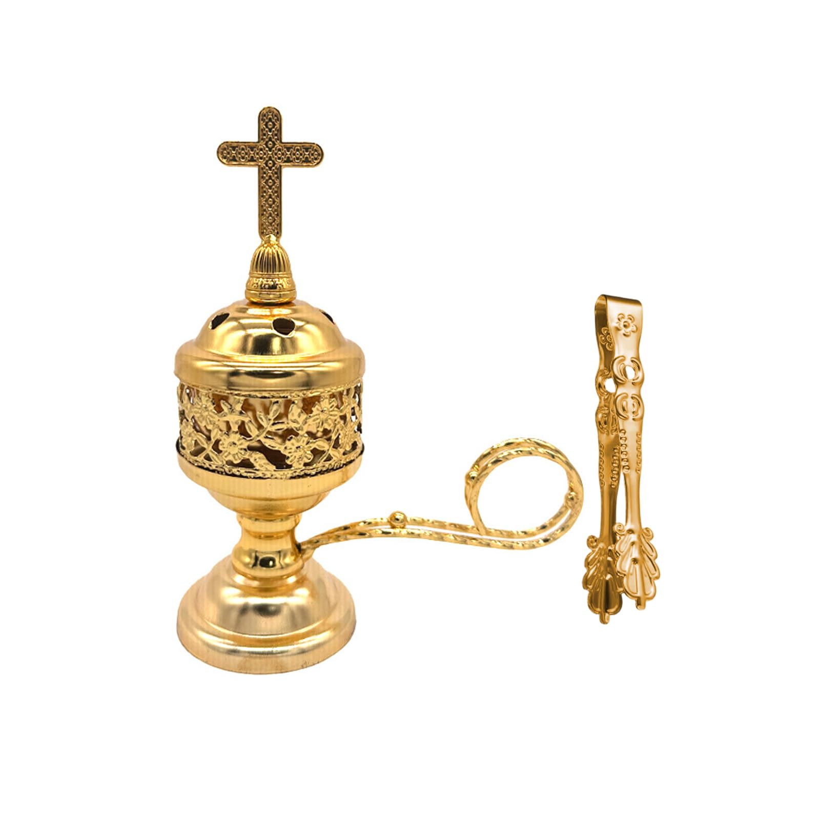 FGDTREE Decorative Metal Incenses Holder with Crosses Lid and Tongs Frankincense Burners Set for Catholic, Home Altars Small Scented Stove with Tongs