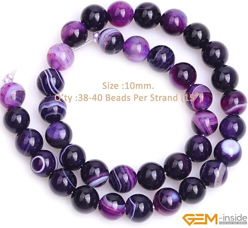 Miniatura 2 de GEM-Inside - Cuentas redondas de ágata de ónix morado natural de 0.394 pulgadas (0.394 in) con agujero grande para hacer joyas, suministros hechos a