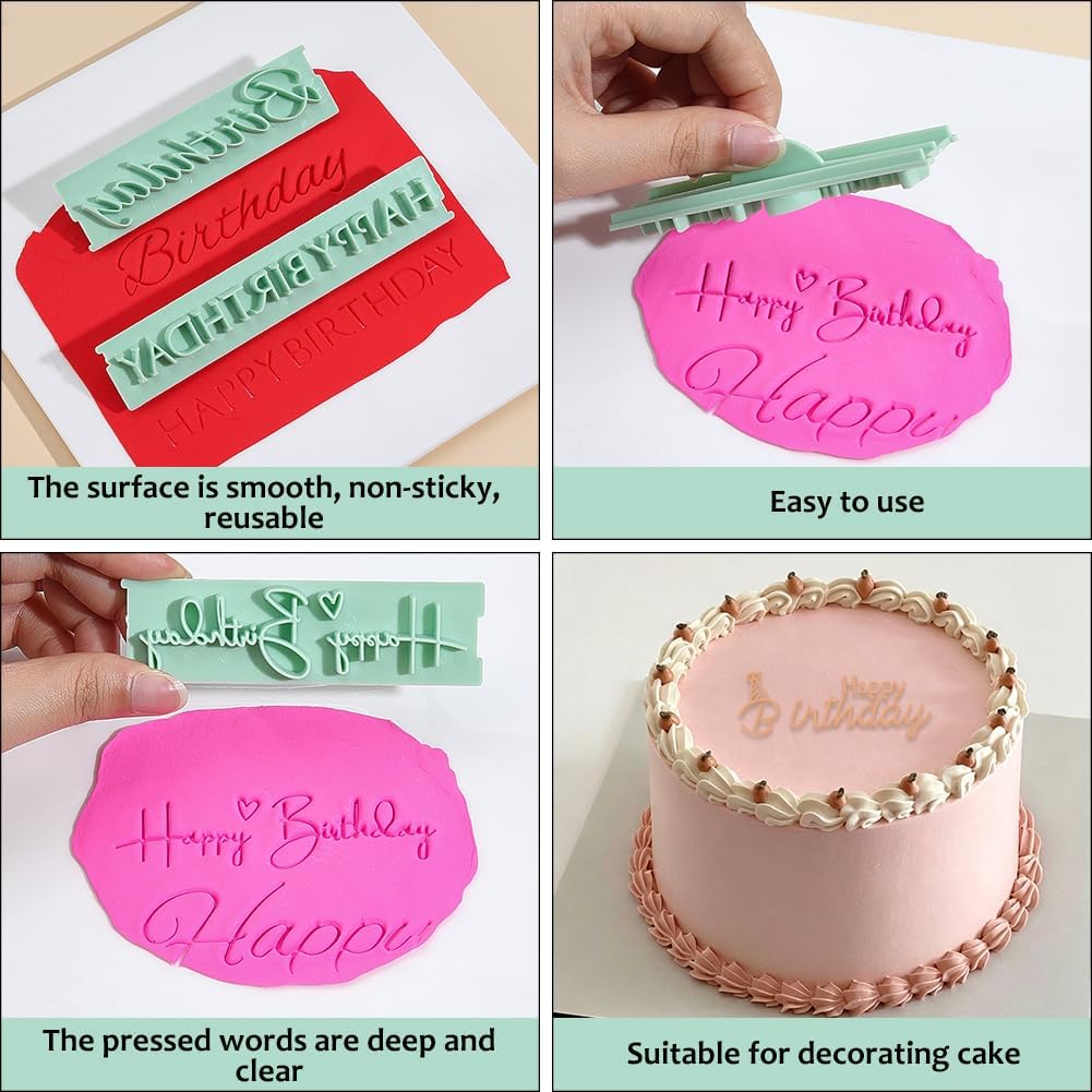 CRASPIRE 8Pcs Happy Birthday Fondant Stamp Cake Letter Embosser Reusable Happy Birthday Writing Stencil Words Letters Cutters Press Cake Stamps for DIY Cakes Cupcake Cookie Baking Decorating Supplies