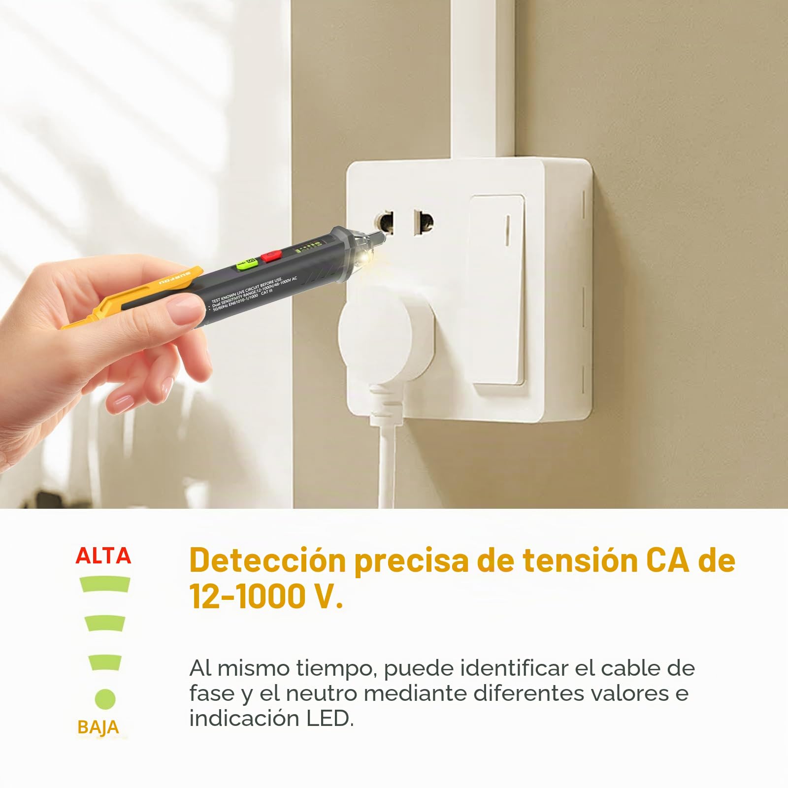 SURFOU Detector de Voltaje sin Contacto AC 12V/48V-1000V con NCV, Linterna LED, Alarma Sonora, Detección de Cable Vivo/Neutro y Rotura de Cables, para Electricistas y Bricolaje