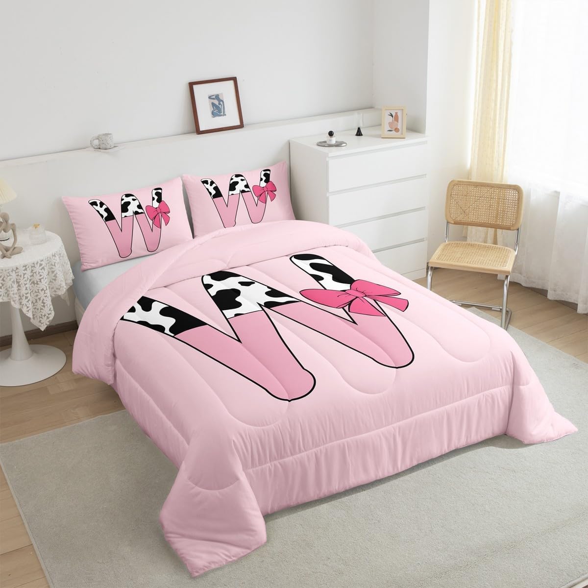 Girly Bows ComForter Set Toddler Size Cow Print Bowknot Bedding Set With Pink Bow Bedding,Monogrammed Quilt Duvet Initial W Down ComForter For Kids Girls Personalized Cute Princess Room Decor,Soft