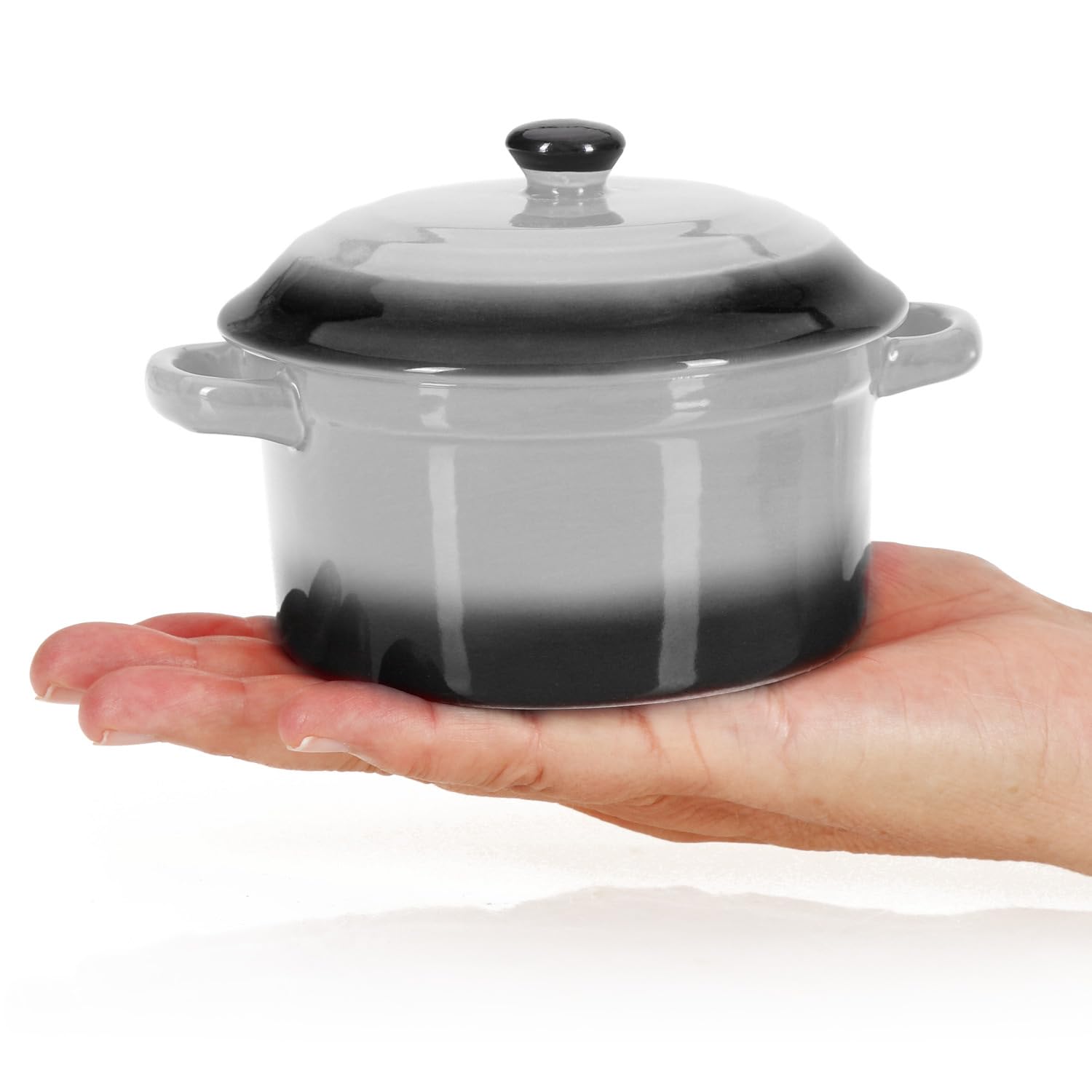 COM-FOUR® 4 x braadpan met keramisch deksel, dessertkom voor crème brûlée, mini-braadpan voor stoofpot en gekruid vlees, grijs, ca. 250/175 ml per gerecht, 4 stuks, grijs