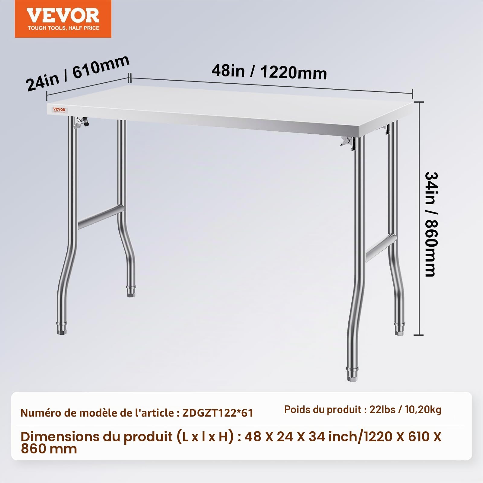 VEVOR Table de Travail Cuisine Pliante en Acier Inoxydable 1 Étage, Table de Travail Commercial 1220x610mm pour Préparation des Aliments,Table Charge 300 KG avec 4 Pieds Réglables