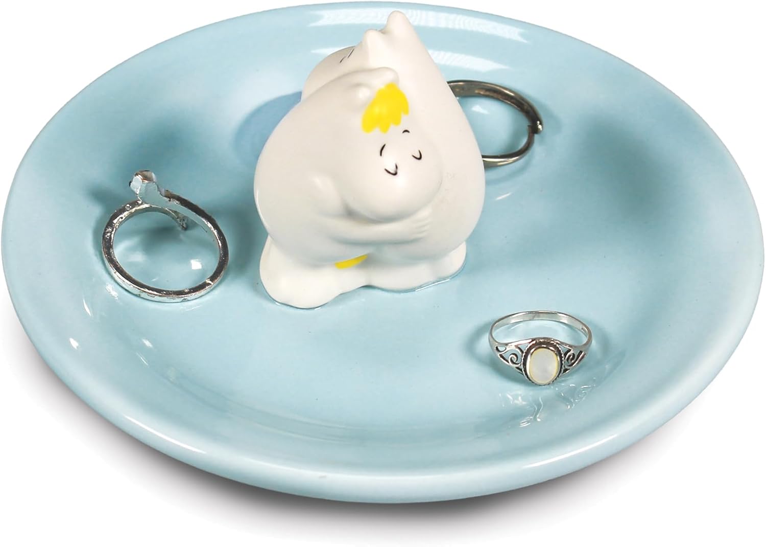 Moomintroll Snorkmaiden Moomin Hug 6 x 3.5 Inch Blue and White Ceramic Round Jewelry Trinket Tray