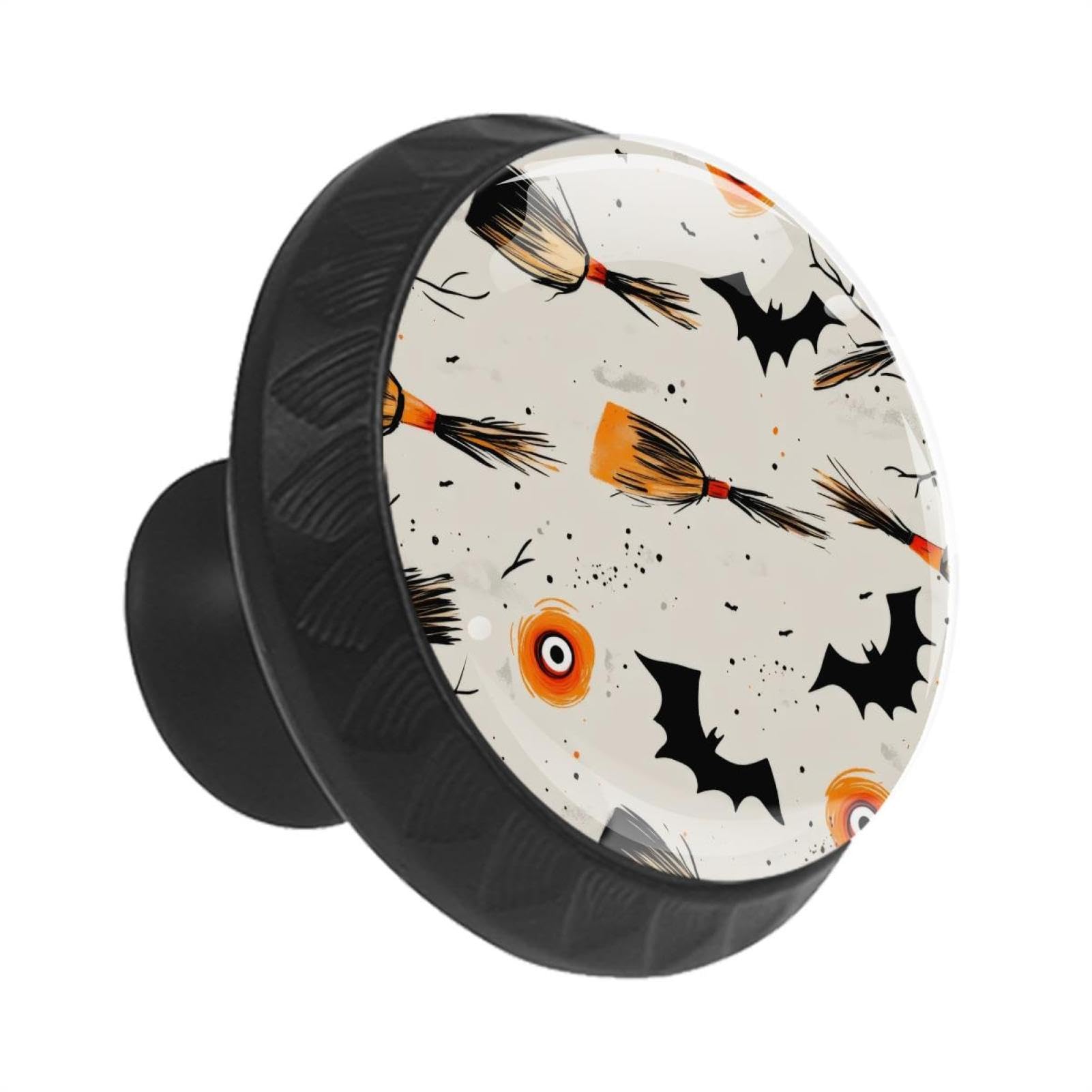 IROLSKDNFH 12 Pieces Seamless Halloween Brooms Flying Eyes Bats Glass Knobs for Dresser Drawers, 1.37 x 1.10 in Round Kitchen Cabinet Pulls for Home Office Nursery Kids Room
