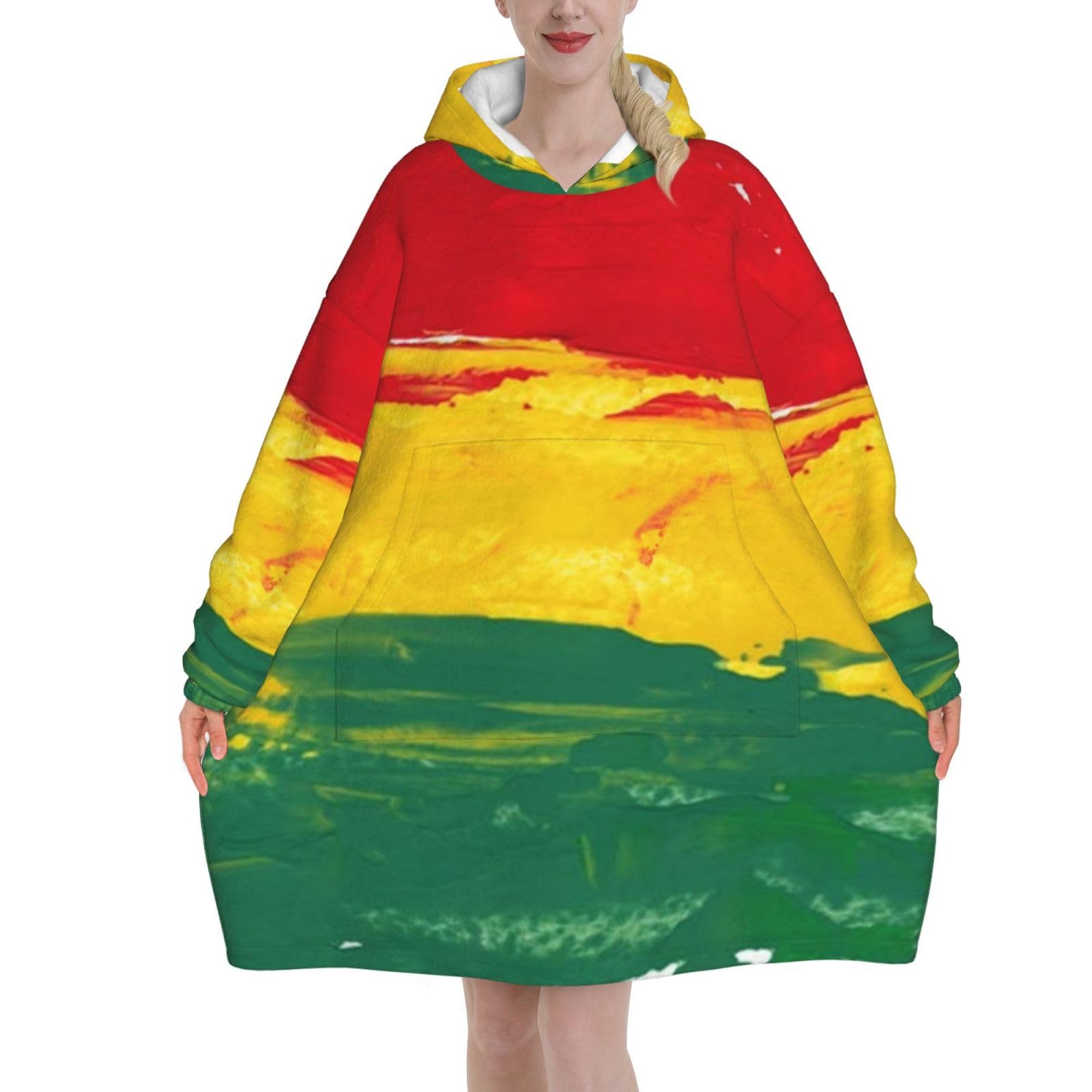 Czqdp Unisex As Picture Sweatshirt Blanket,Women's Wearable Hoodie Fit Most People Flannel Pullover Blanket,Colorful Reggae Colors Green Rasta Jamaica Flag Jamaican