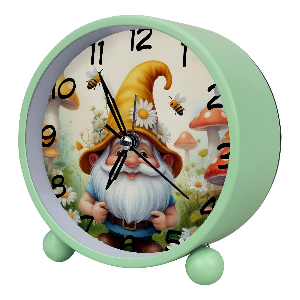 Luoweisi Analog Alarm Clock Gnome Daisies Mushroom, Silent Non-Ticking with Night Light, Battery Operated, Round Desk Alarm Clock for Office, Bedroom, Elderly, Adults, Children, Student Gifts