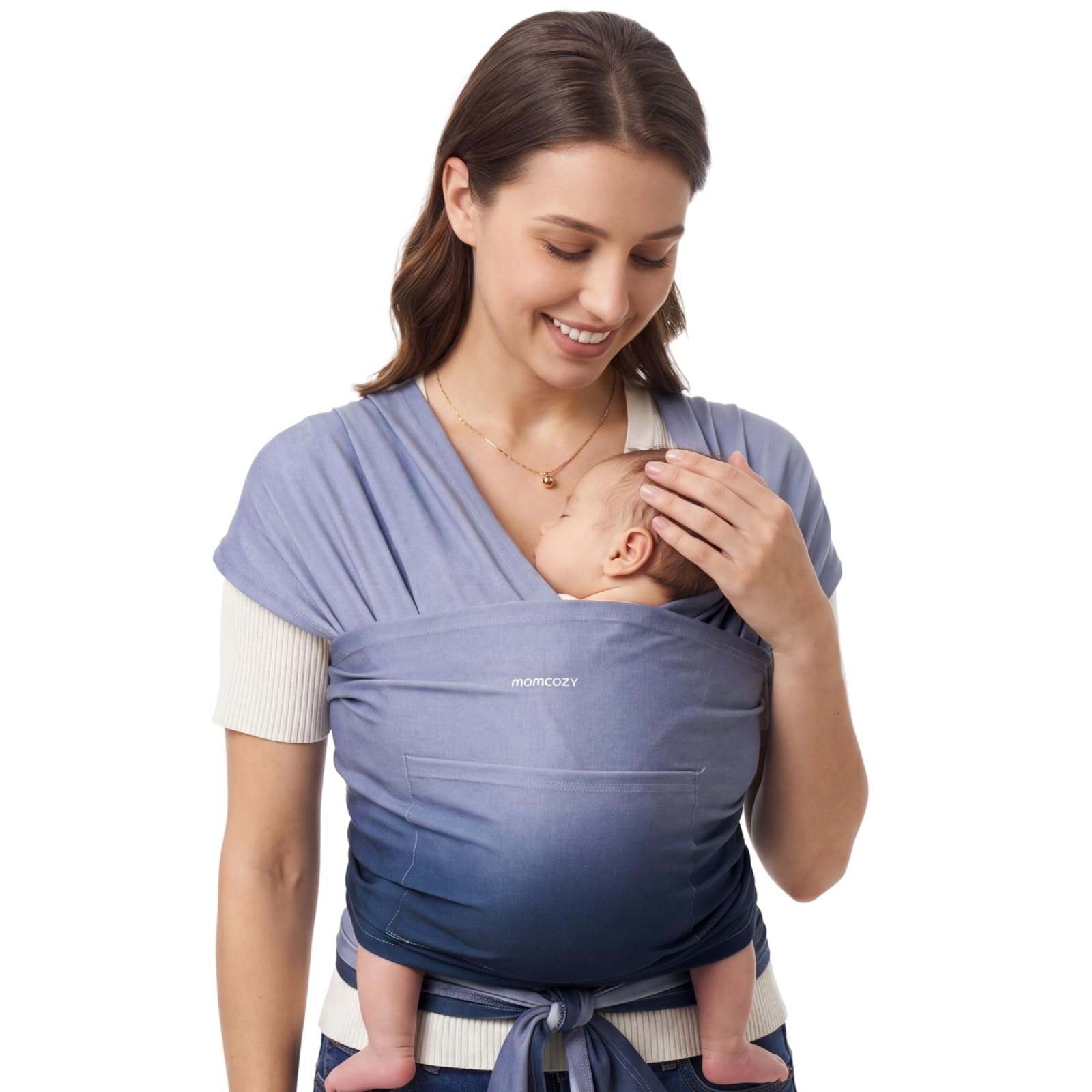 Momcozy Baby Wrap Carrier, Easy-On 2-Piece Design, Newborn to 33 lb | Easy On Like a T-Shirt, XXS-XXL Adjustable Fit, IHDI Hip-Healthy, Lightweight Hands-Free Comfort Baby Sling, Gradient Blue