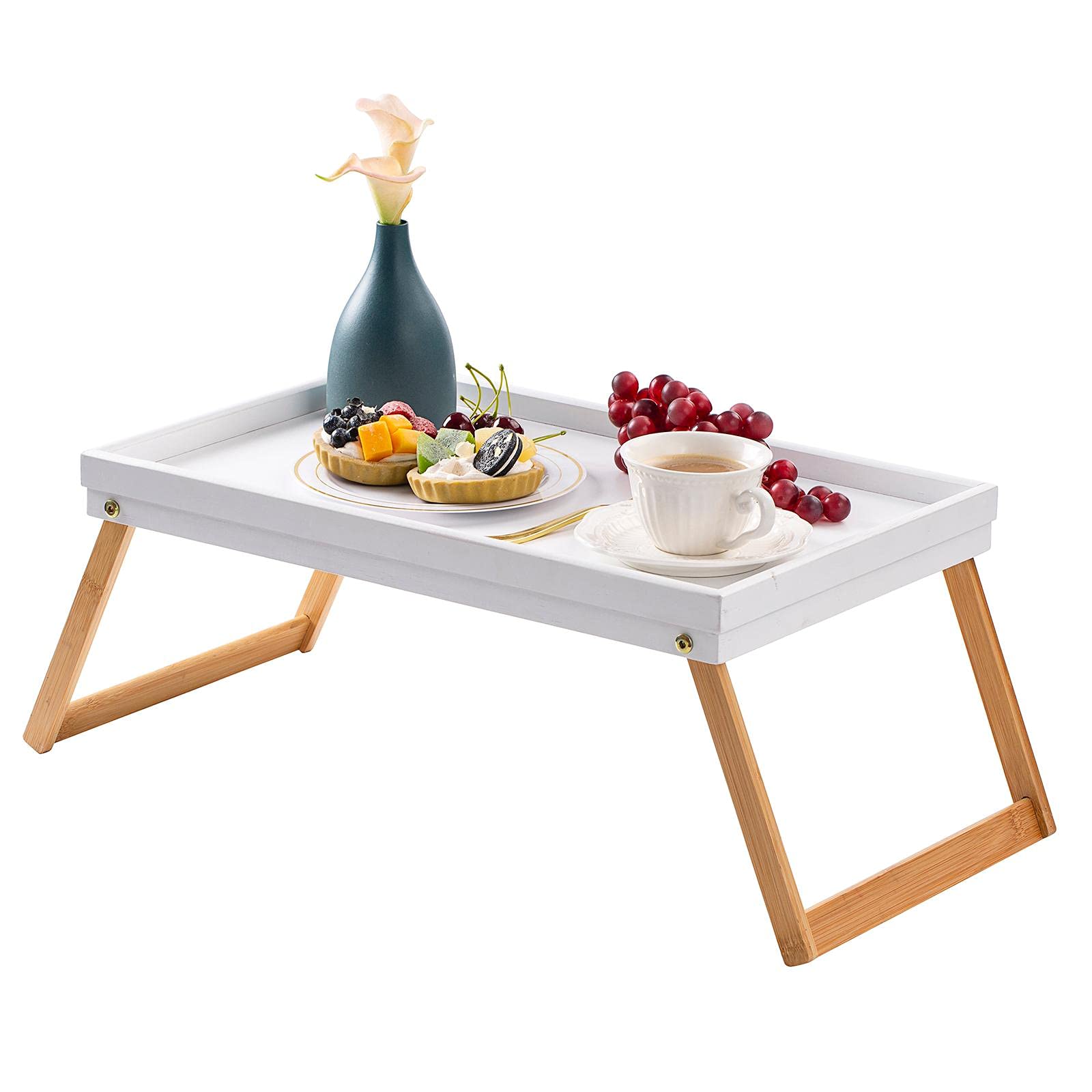 Vencier White/Natural Bamboo Bed Tray, Folding Legs, Raised Edge, For Breakfast In Bed And Serving, Hwd: 22X64x31cm, ()