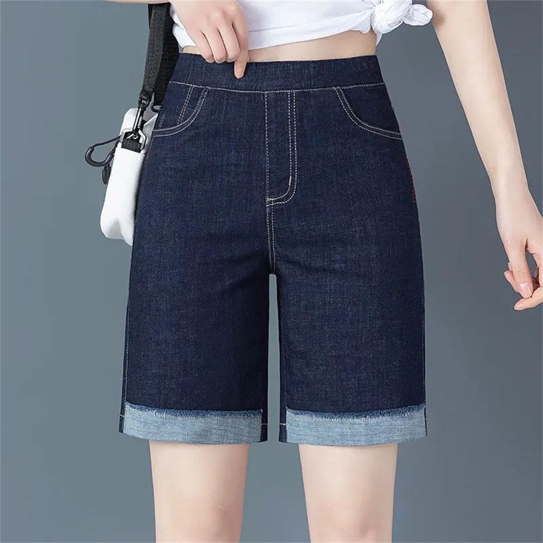 Damskie cienkie dżinsy dopasowane haftowane szorty z elastyczną talią vintage kieszeń luźna talia elastyczne spodnie, 8802-1, XL