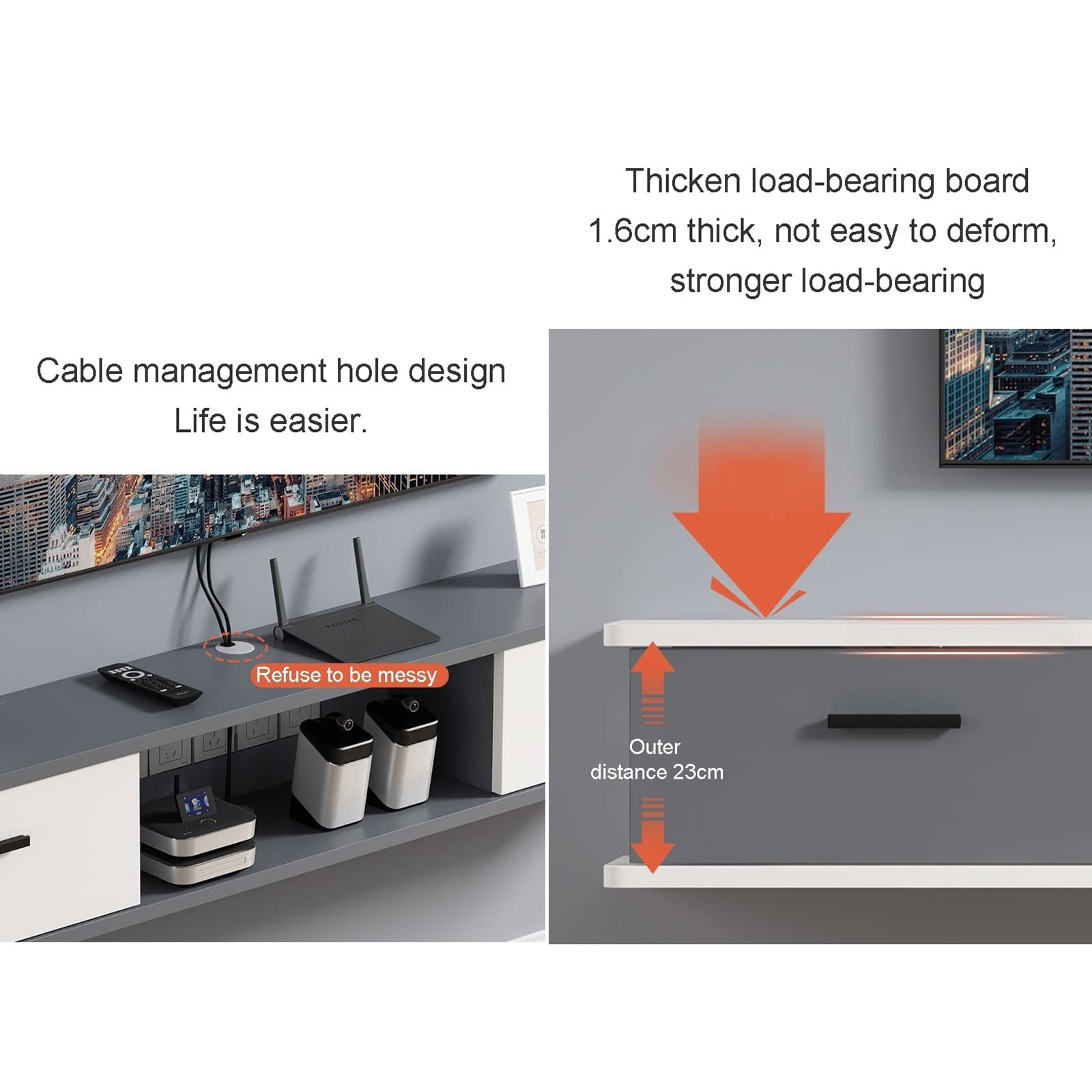Wandmontierte TV-Einheit, schwebender TV-Ständer, Wandmontage, Entertainment-Center, TV-Schrank mit 3 Türen, Wohnzimmer, Schlafzimmer, TV-Wandregal für Router, Set-Top-Box, Projektor,