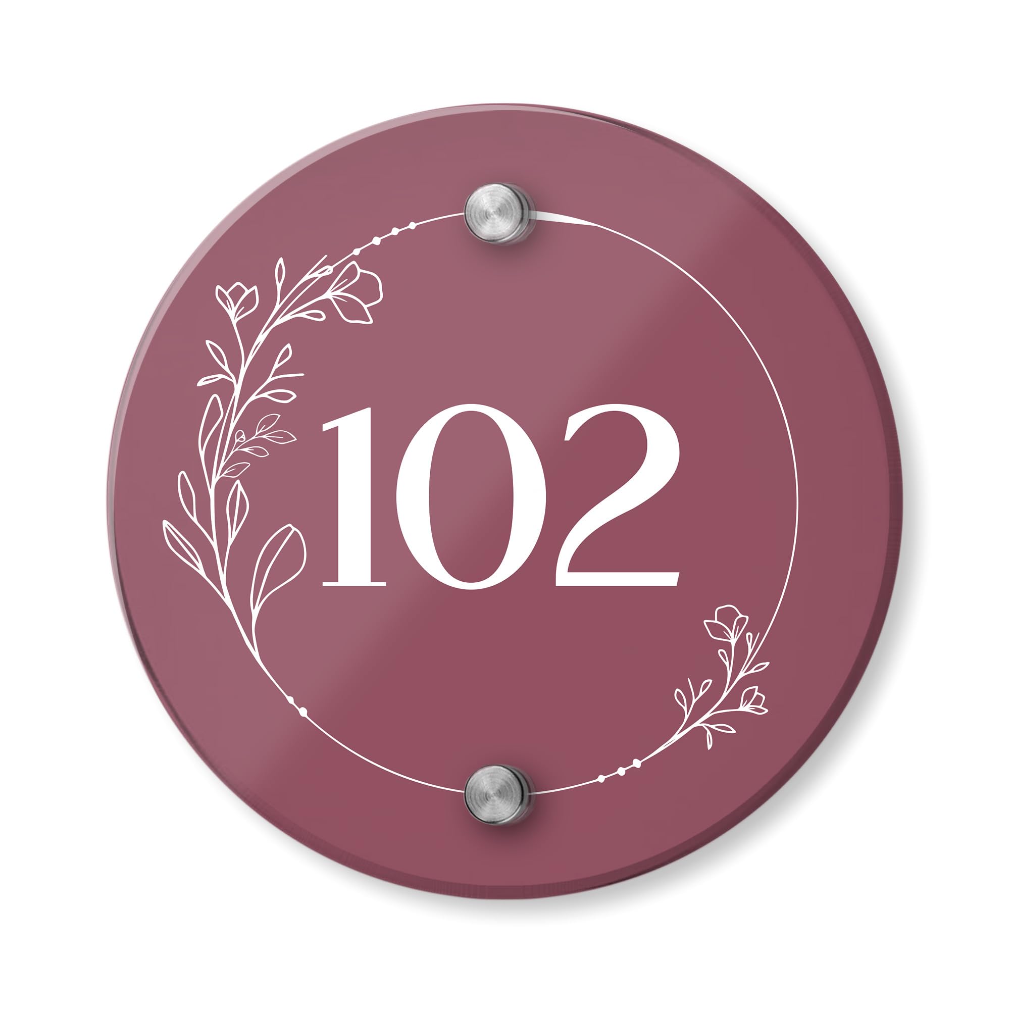 Personalised Acrylic House Sign with Floral Border Design | 150mm Round Address Plaque | Custom Printed Door Number | Weatherproof Outdoor Home Name Plate (Burgundy Red)