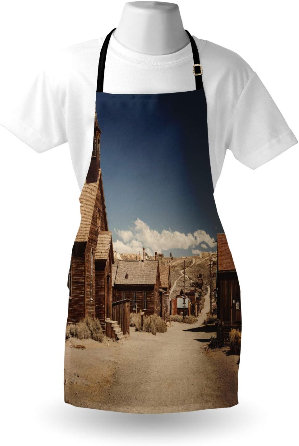 Lunarable Scenery Apron, Old Looking Empty Streets Abandoned Ghost Town Bodie in California USA, Unisex Kitchen Bib with Adjustable Neck for Cooking Gardening, Adult Size, Sand Brown Blue and Tan