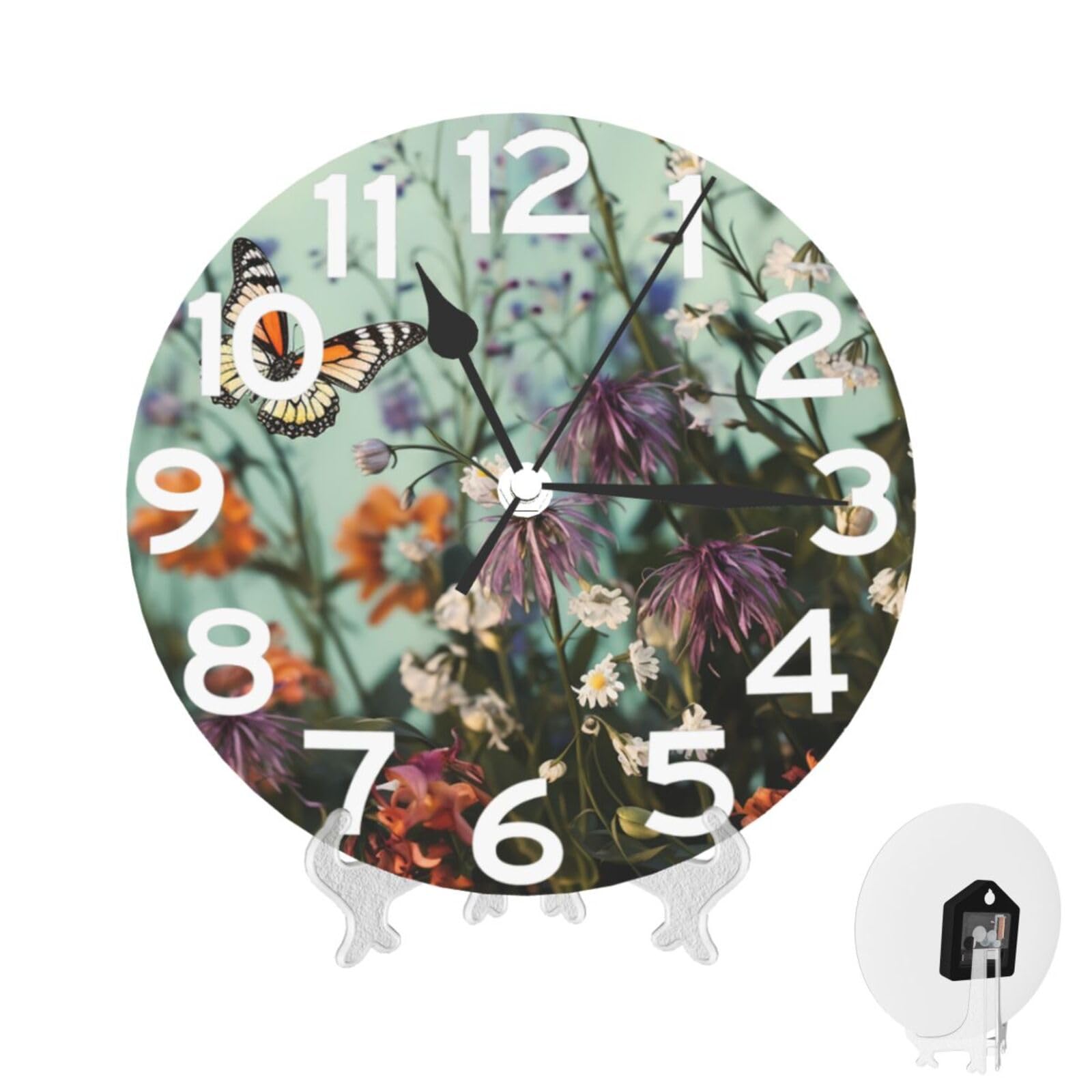 XOPEKVLAWM Wall Clock 10 Inch Non-Ticking Silent Modern Simple Style Round Decor Clocks butterflies and flowers Clock Decorative Battery Operated Wall Clocks for Home Office Living Room