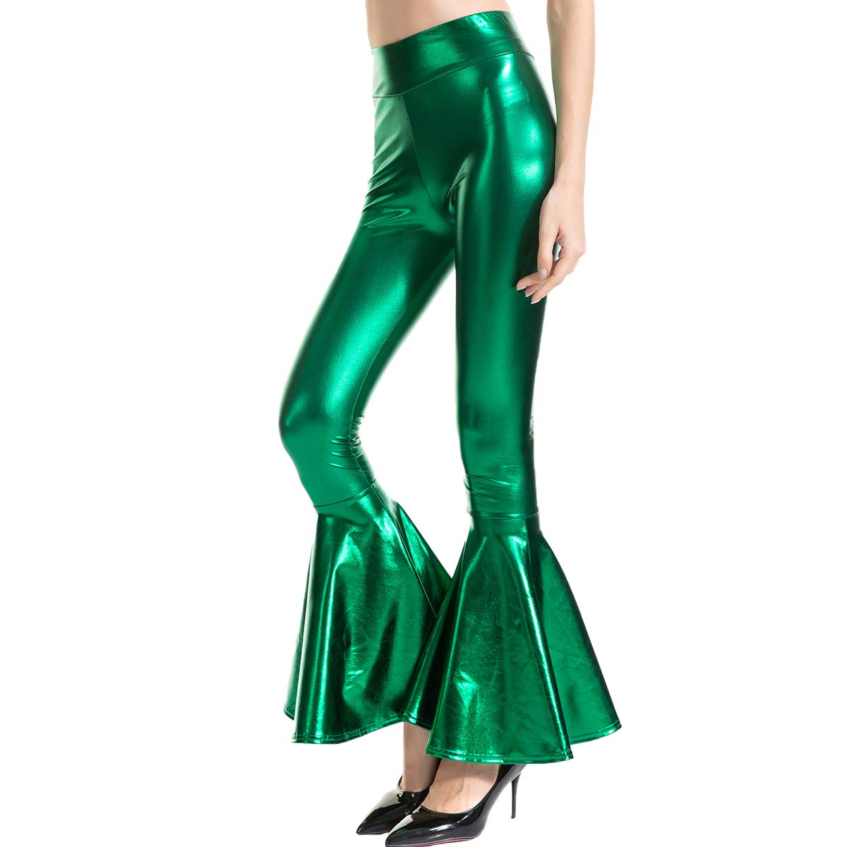 Women’s Metallic Wide Leg Pants Mermaid Wet Look Bell Bottoms Slim Fitted High Waist Stretchy Flared Trousers Rave Wear Adult Game Pole Dance Costume Green XL