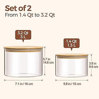 ComSaf Glass Food Storage Containers, 100 oz/44 oz Glass Flour and Sugar Containers with Airtight Lids, 7.1'' Wide Mouth Large Glass Jars with Bamboo Lid for Rice, Pasta, Oats, Grains, Cookie, Candy