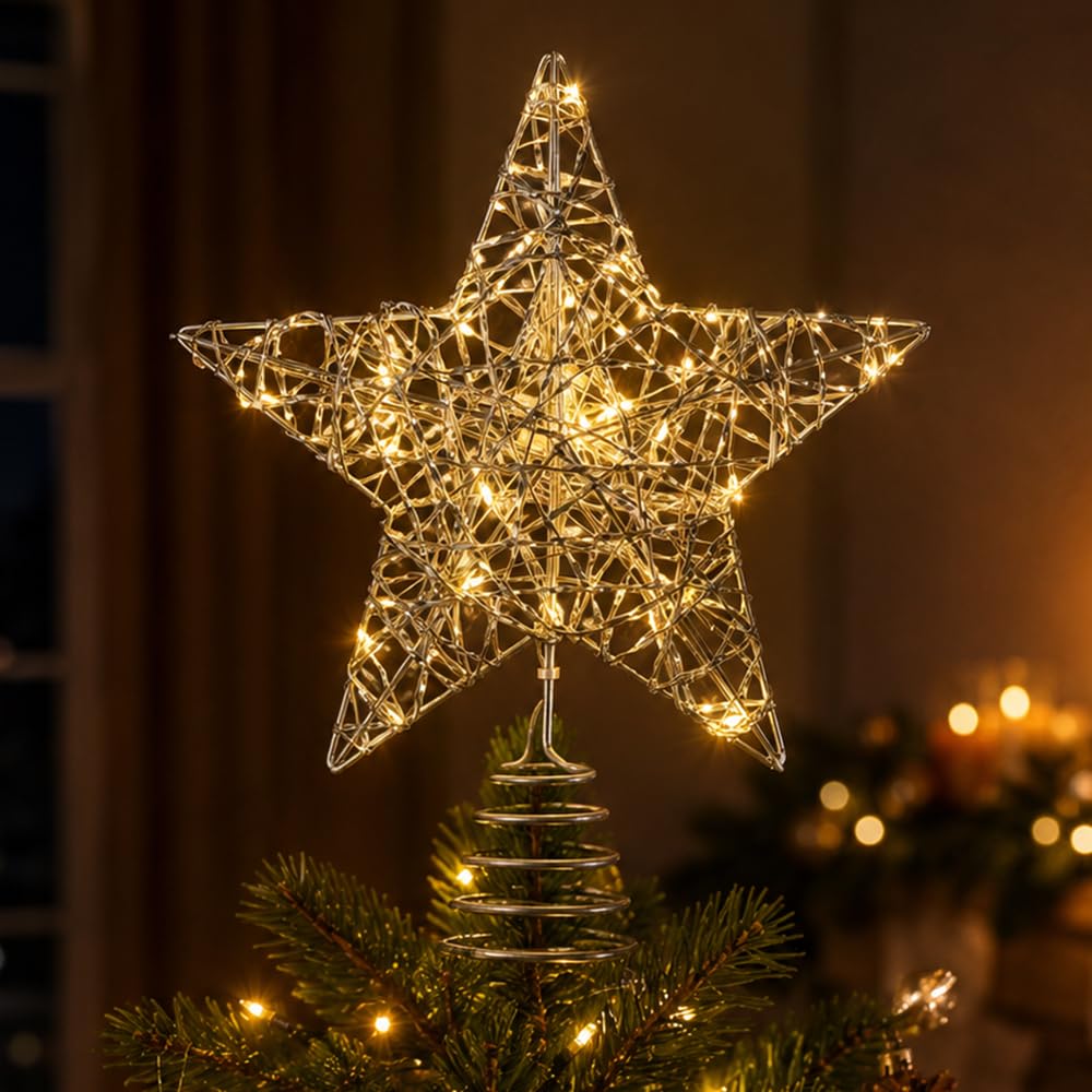 25CM Christmas Tree Topper Star with 20 LED Lights, Gold/Silver Christmas Tree Star TopperLight for Xmas Decorations, Hollow Treetop Toppers Ornaments For Indoor Outdoor Home Decoration (Silver)