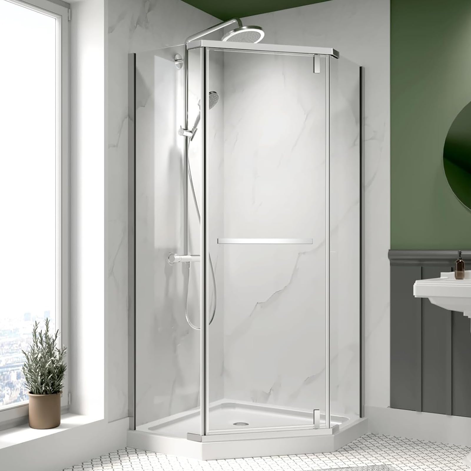 Corner Shower Enclosure 35.56" D x 35.56" W x 72" H Frameless Neo-Angle Shower Enclosure, 1/4" (6mm) Clear SGCC Tempered Glass, Pivot Shower Door in Chrome Finish