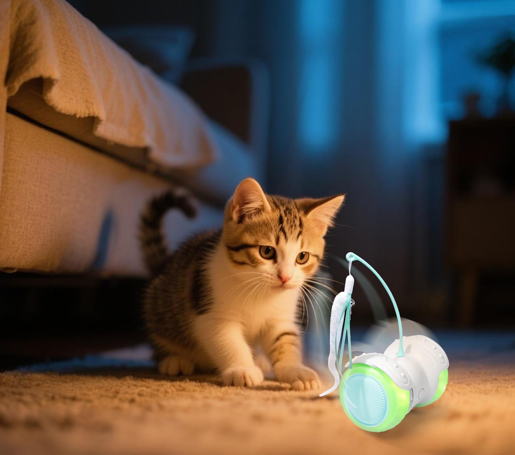 Giocattolo automatico per gatti: auto telecomandata con giocattoli di erba gatta per gatti - 2 modalità (automatica e manuale), 6 piume (2 infuse di erba gatta) e luci LED - mantiene i