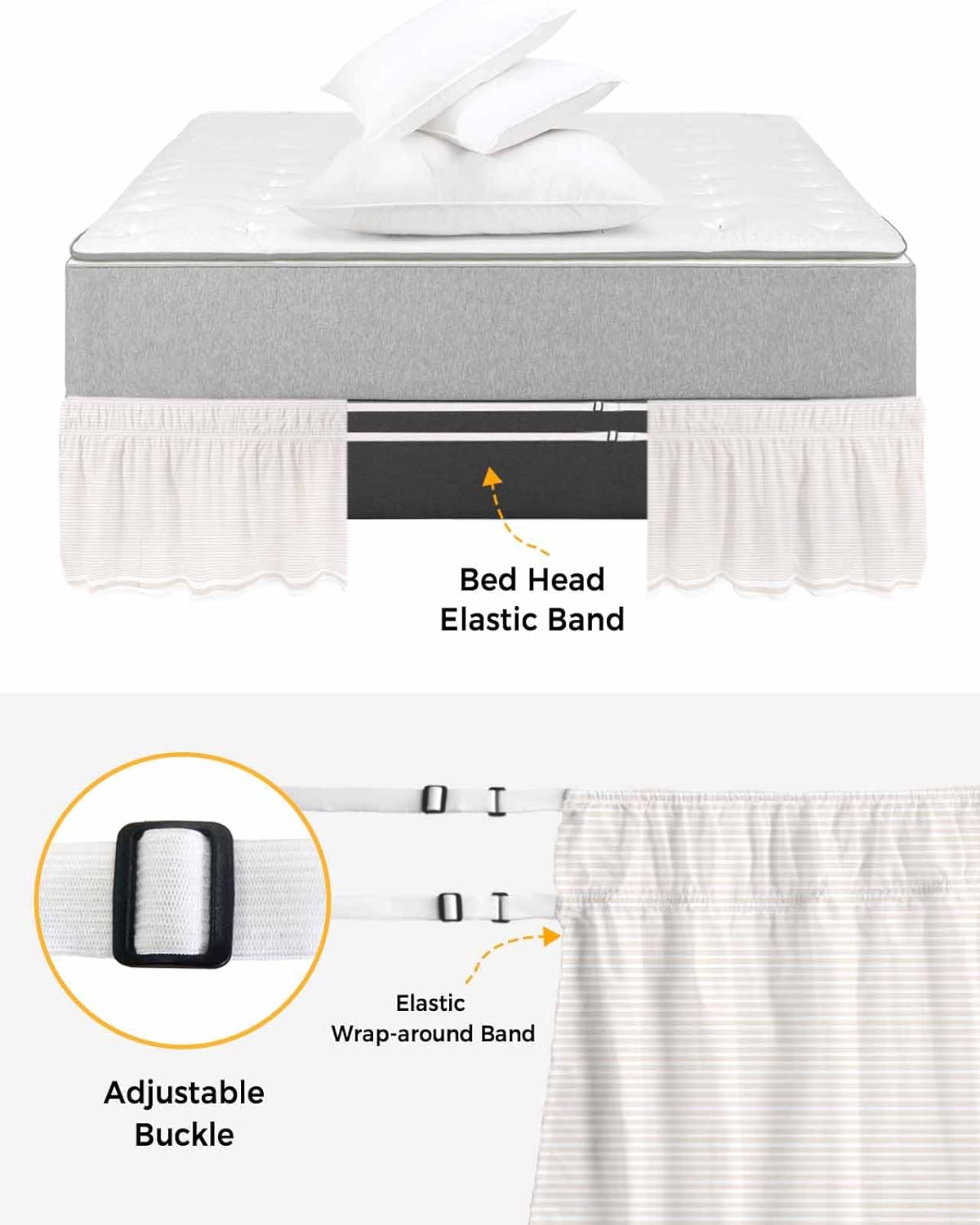 Farmhouse Beige White Striped Bed Skirt Queen Size 18 Inch Drop, Adjustable Elastic Bedskirt Dust Ruffle for Queen Bed, Modern Stripes Wrap Around Bed Skirts Luxurious Pleated Bed Frame Cover